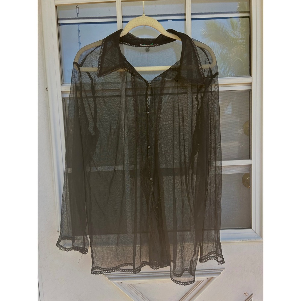 Black Sheer Mesh Lace Trim Button Down Shirt Long Sleeve Goth Romantic Top